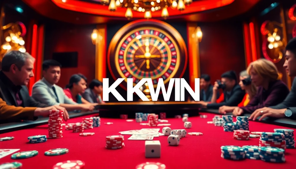 KKWIN casino scene with players enjoying poker, vibrant chips, and a spinning roulette wheel.