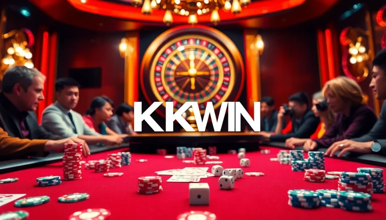 KKWIN casino scene with players enjoying poker, vibrant chips, and a spinning roulette wheel.