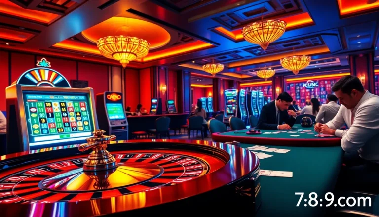 Exciting gambling action at 789f com casino featuring roulette, poker tables, and modern slot machines.