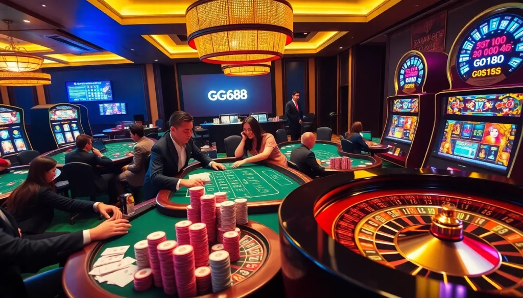 Experience the thrilling action at GG88's vibrant casino tables featuring poker and roulette.