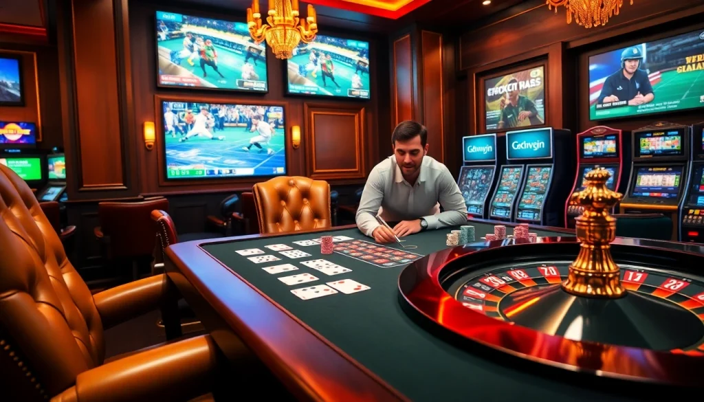 Experience the thrill of gaming at 68win featuring poker tables, vibrant chips, and a roulette wheel.