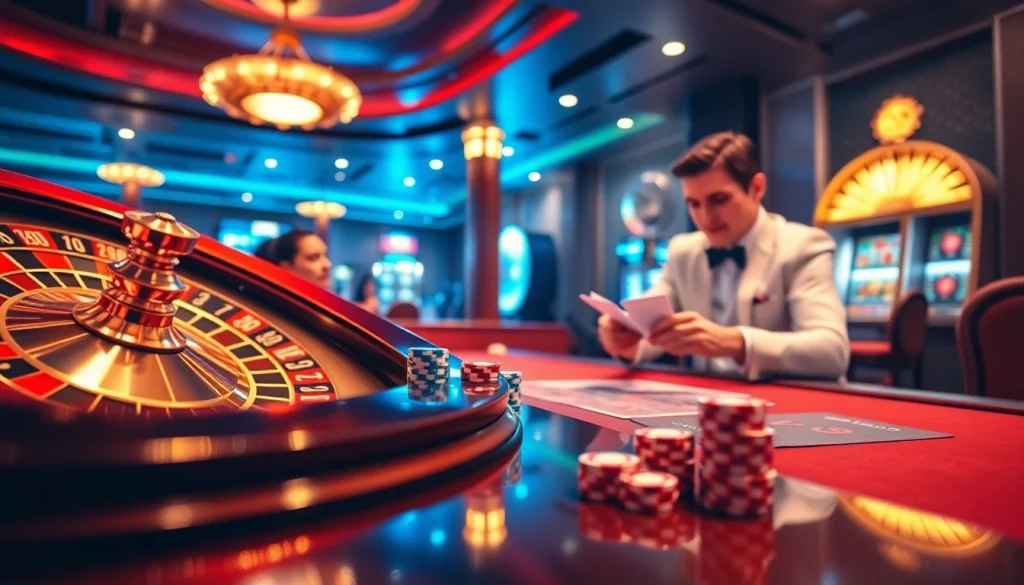 Experience thrilling gameplay at BET88's luxurious casino environment with vibrant roulette and poker.