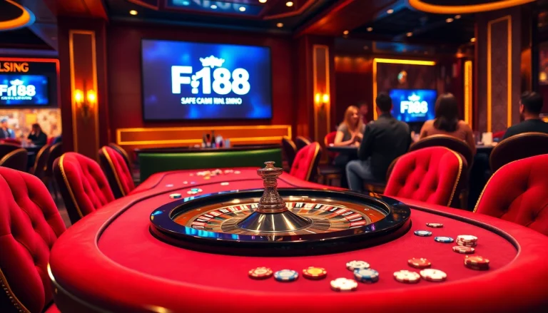 F168 gaming table with vibrant chips and cards in a luxurious casino setting