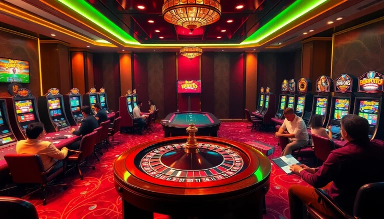 Engage with birutoto excitement at a luxurious casino, featuring poker tables, roulette wheels, and slot machines.