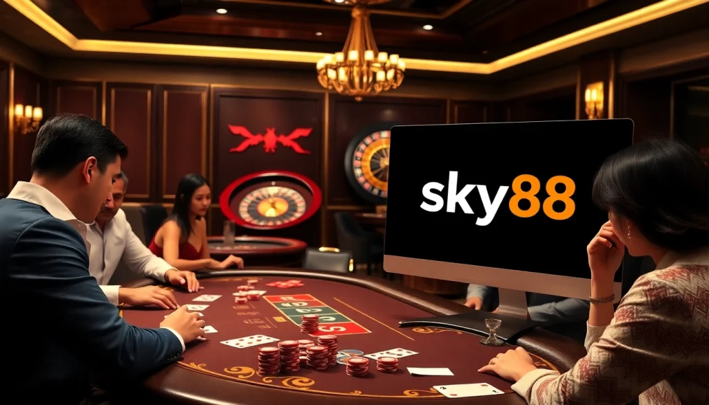 Experience the thrill of gaming with đăng ký sky88 showcased in a luxurious casino setting filled with poker excitement.