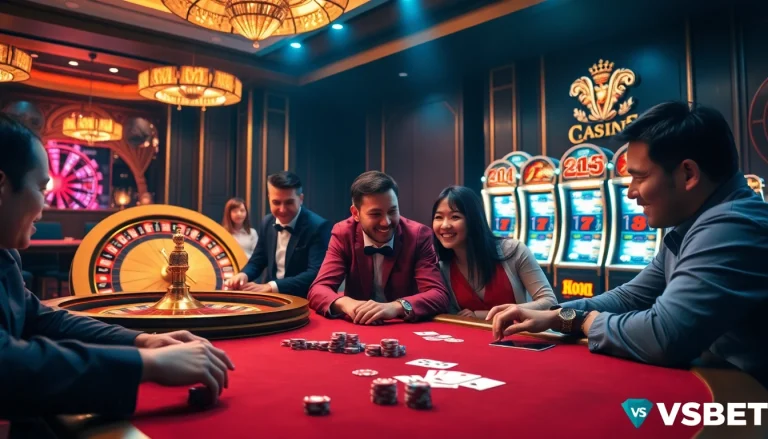 Players engaging in an exciting game at Nhà cái VSBET casino, showcasing poker chips and cards.