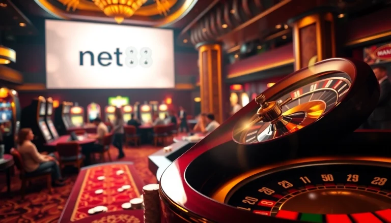 Players enjoy an exciting gambling experience at net88 casino tables with vibrant slot machines and roulette.