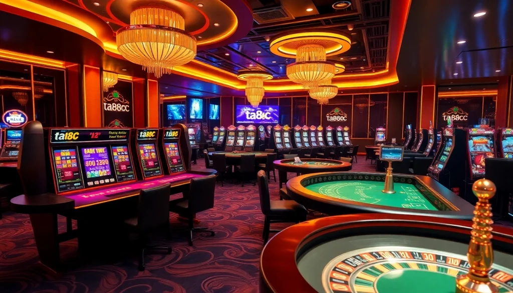 Dynamic casino gameplay with ta88c branding, showcasing poker tables, slot machines, and roulette.