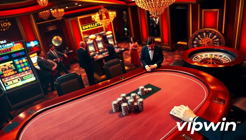 Experience excitement at Vipwin's luxurious poker table featuring high-stakes players and vibrant casino games.