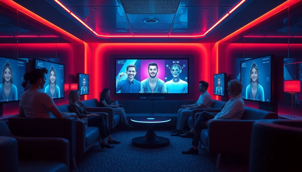 Engaging scene of AI sex chat in a futuristic lounge with intimate interactions.