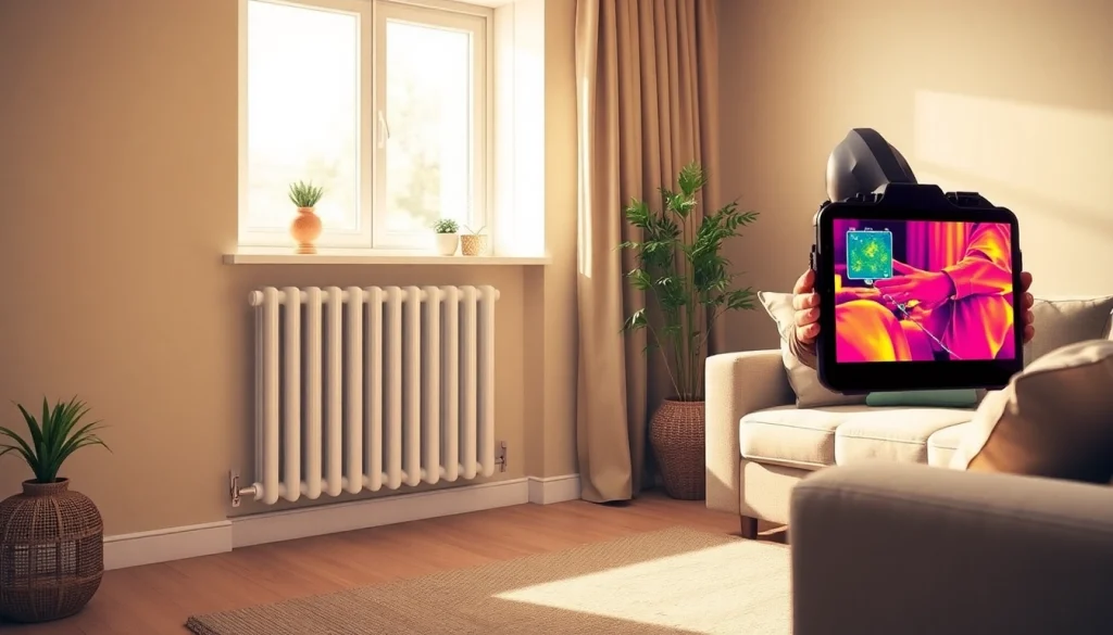 Central heating hidden leak detection technician using thermal imaging in a cozy living room.