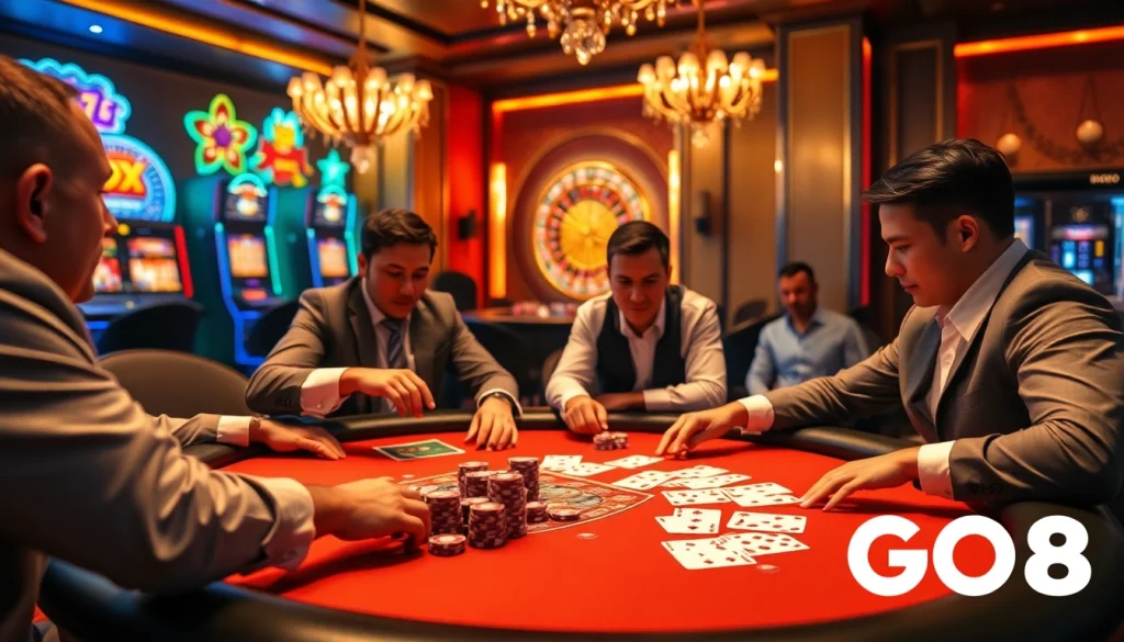 GO8 poker players competing at a luxurious casino table, emphasizing high-stakes excitement.