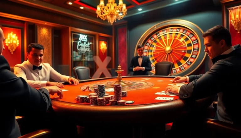 Engaging scene of luxury poker table with players, emphasizing poker chips and cards, featuring 8XX betting excitement.