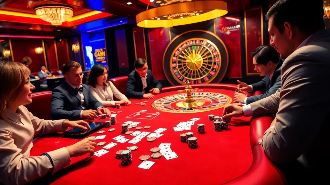 Exciting casino scene showcasing poker and online gambling elements at https://vnew88.vip/, rich in colors and professional atmosphere.