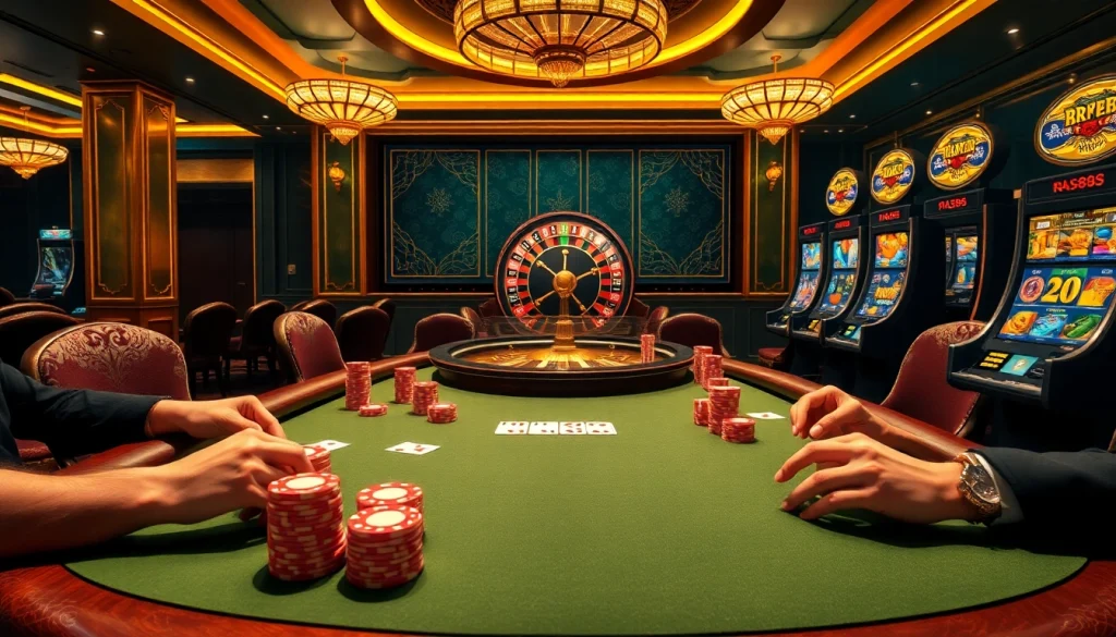 RR88 poker table action with vibrant chips and cards in a luxurious casino setting.