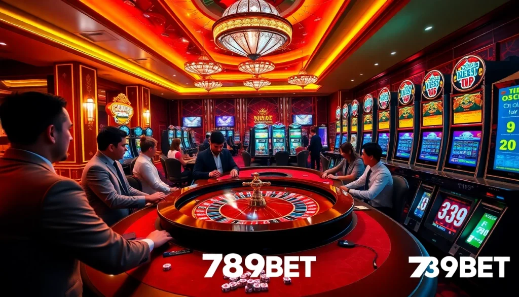 Players enjoying games at a vibrant casino with 789BET branding and colorful casino elements.