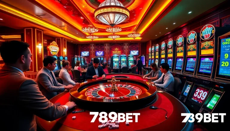 Players enjoying games at a vibrant casino with 789BET branding and colorful casino elements.
