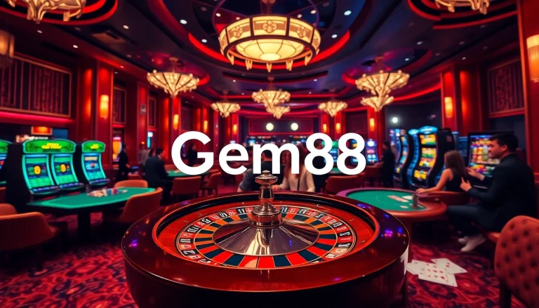 Experience the thrill of Gem88 with vibrant casino games, roulette tables, and players engaging in high-stakes bets.