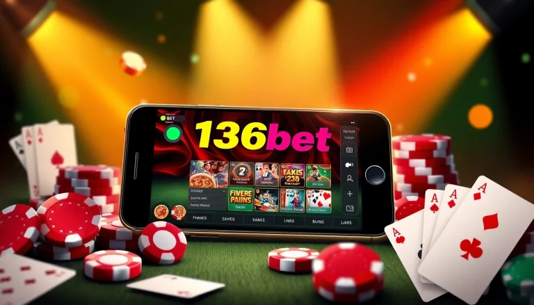 The 136bet App interface displayed on a luxurious smartphone amidst vibrant casino elements, capturing excitement and professionalism.