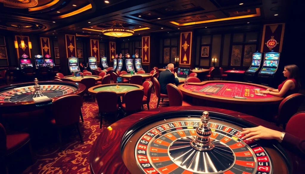 Engage with the thrilling gambling atmosphere at https://thabet.vegas/, featuring elegant casino tables and players enjoying their games.