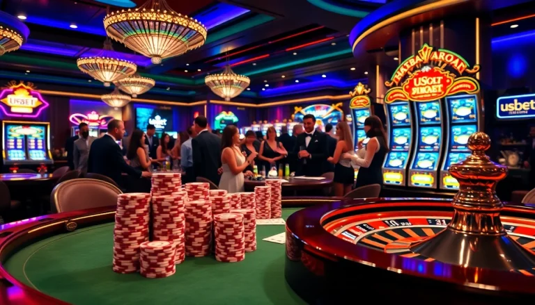 Experience the thrill of usbet with players enjoying a luxurious casino atmosphere featuring poker tables and slot machines.