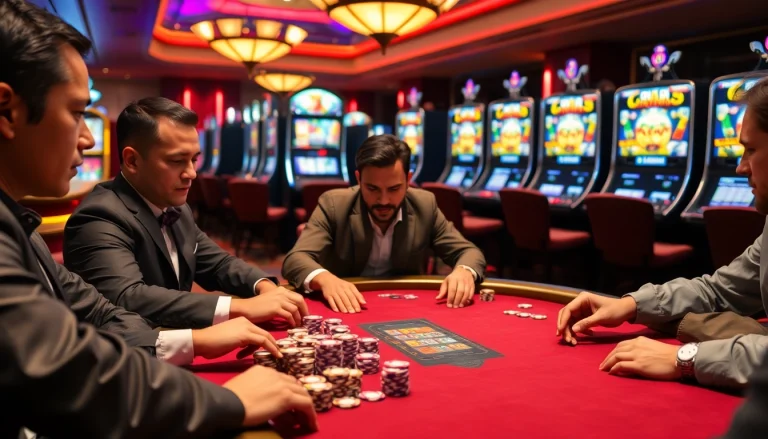 Engaging poker showdown scene featuring players at https://jun88buzz.info/, highlighting vibrant chips and cards.