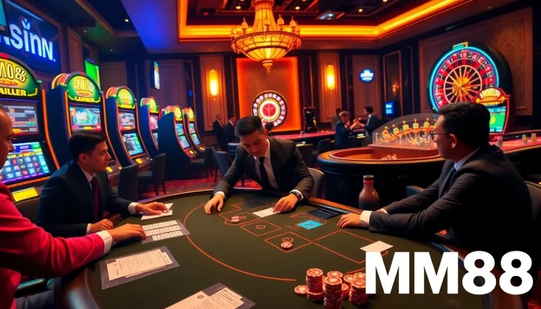 MM88 online casino scene with players enjoying poker and vibrant slot machines.