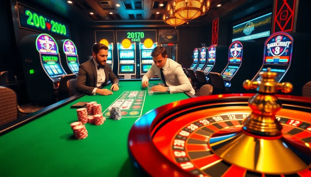 7m site showcasing an exciting casino scene with poker players and slot machines.
