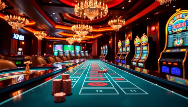 XIN88 online casino interface featuring vibrant slot machines and poker elements.