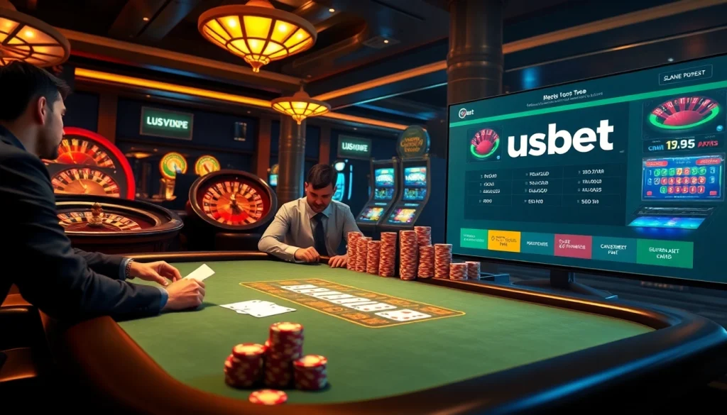 Experience the thrill of usbet with a high-stakes poker table and vibrant casino atmosphere.