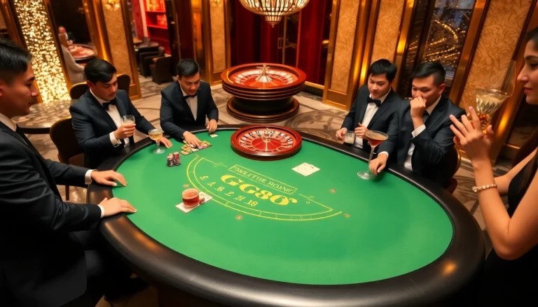 GG88 gaming table bustling with excitement in a luxurious casino atmosphere