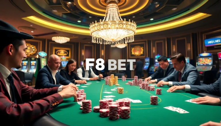 Exciting poker game at nhà cái F8BET casino, featuring vibrant chips and professional players in a luxurious atmosphere.