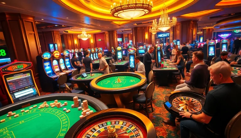 Players enjoying a thrilling gaming experience at a DN88 casino table with vibrant lights and excitement.