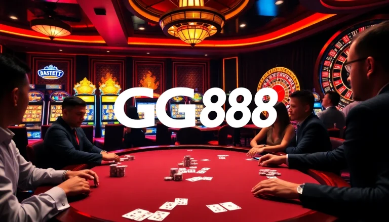 GG88 players enjoying an exciting poker game at a luxurious casino table with vibrant ambiance.