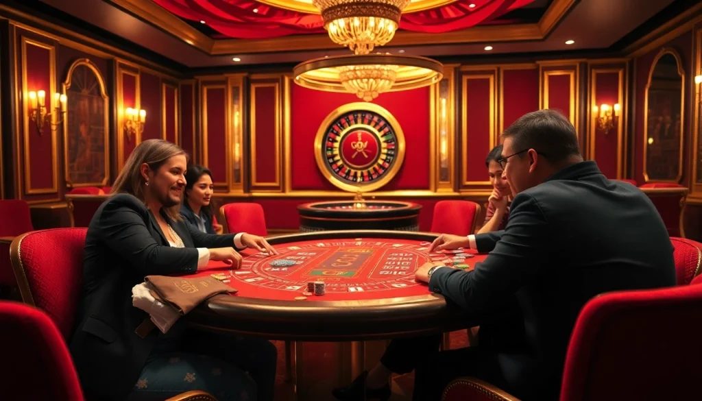 Players throng around a GO8 themed poker table in a luxurious casino, immersed in the excitement.