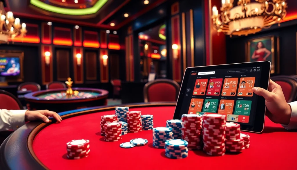 Play exciting poker games on UU88 with vibrant chips and cards in a luxurious casino setting.