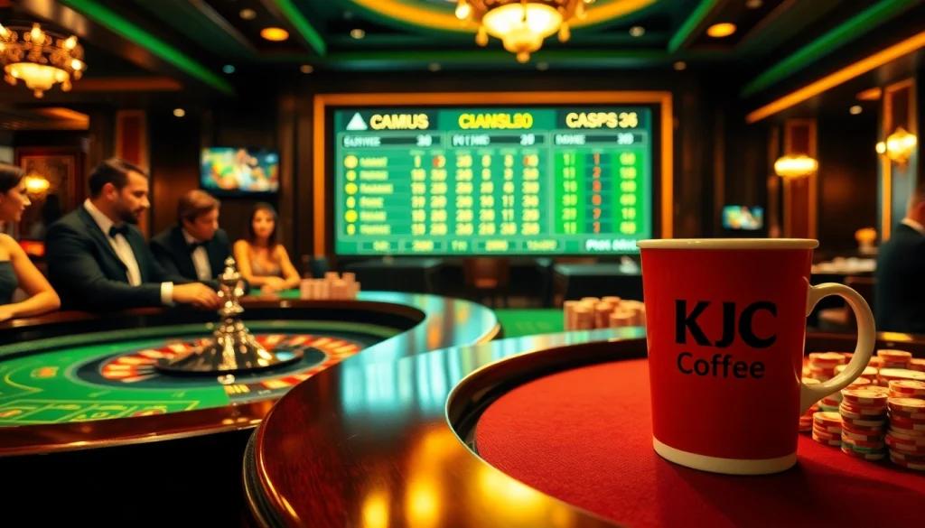 Enjoying KJC Coffee while placing bets at an upscale casino table with roulette and poker elements.