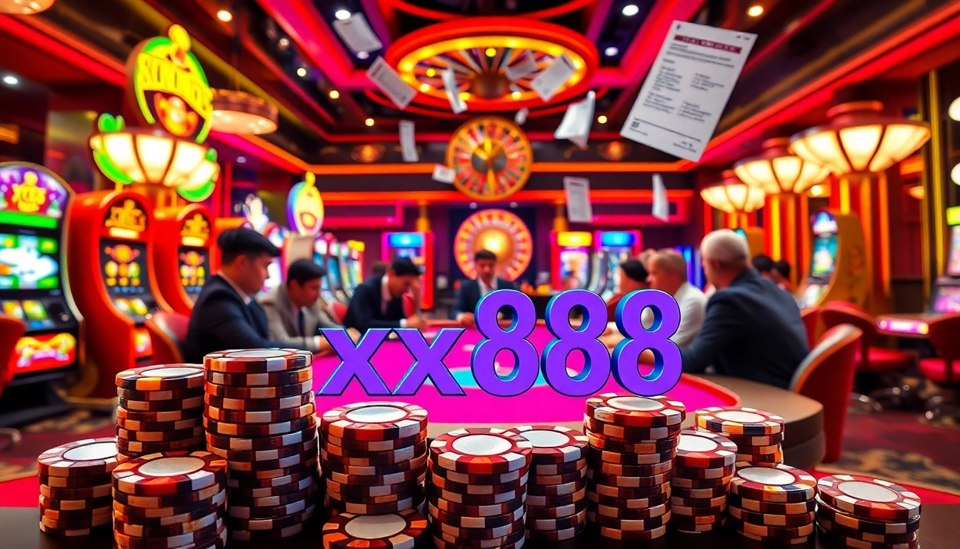 Engaged players enjoying poker at an xx88 casino table with vibrant chips and slot machines.