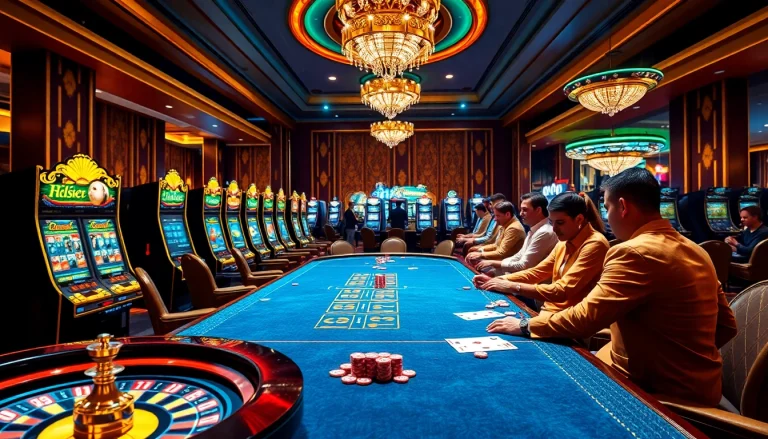 Exciting casino scene showcasing Hi88 link with gamblers at poker tables and vibrant slot machines.