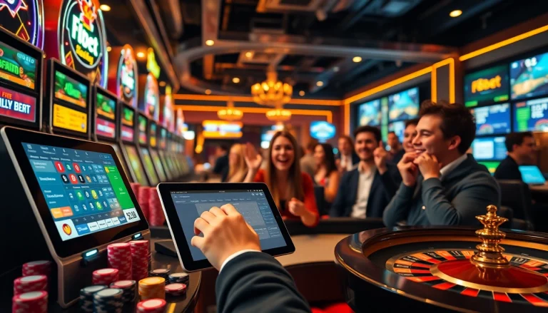 Players engaging in strategic bets on F8Bet, with vibrant casino elements in the background.