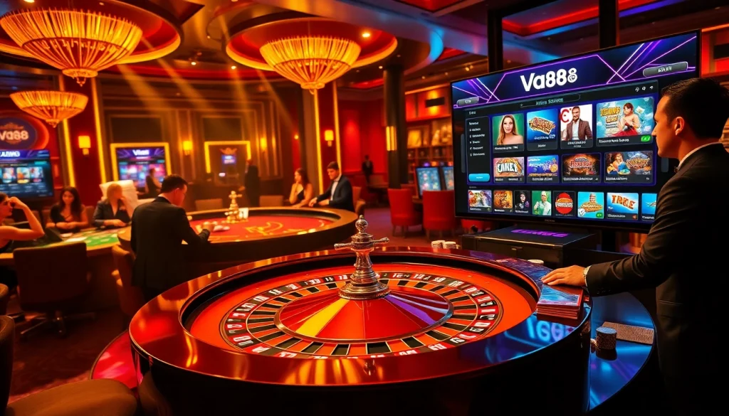 Experience the thrill of gambling at Va88 with vibrant casino elements like roulette, poker chips, and excited players.
