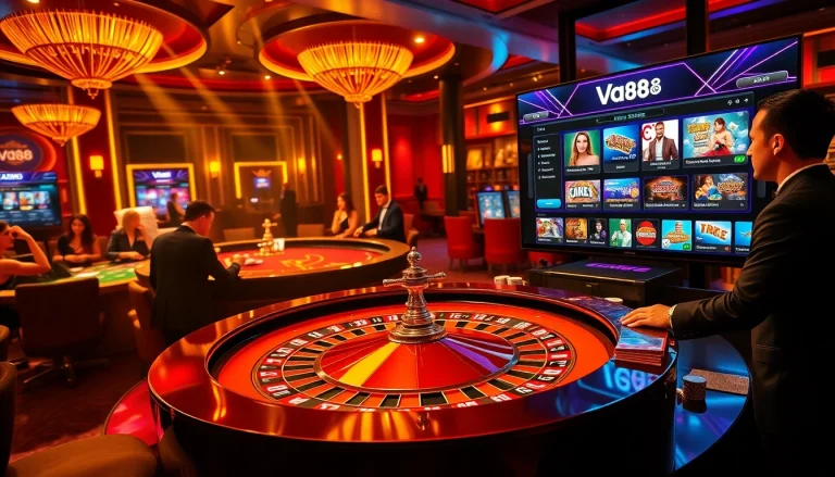 Experience the thrill of gambling at Va88 with vibrant casino elements like roulette, poker chips, and excited players.