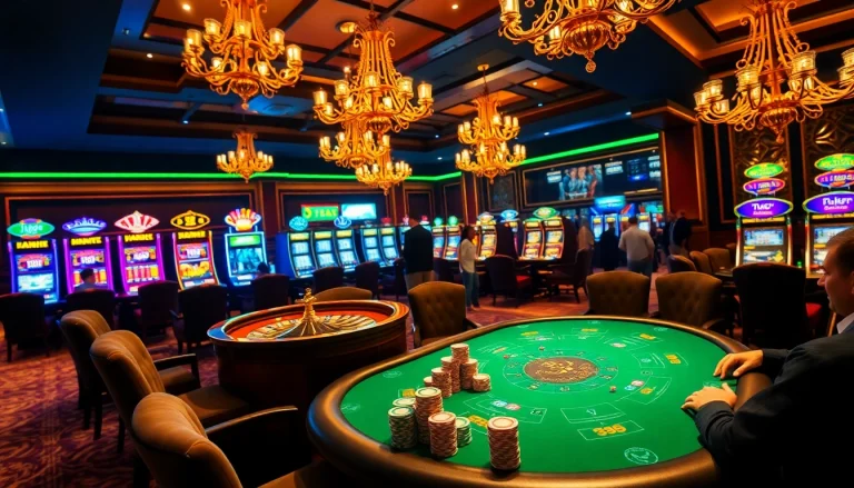 Players enjoying a thrilling poker game with j88 chips in a luxurious casino atmosphere.