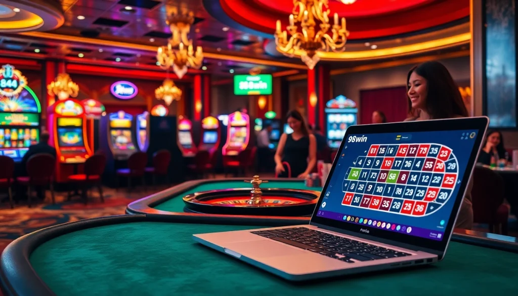 Gamblers enjoying the vibrant excitement of 98win com with colorful casino tables and slot machines.