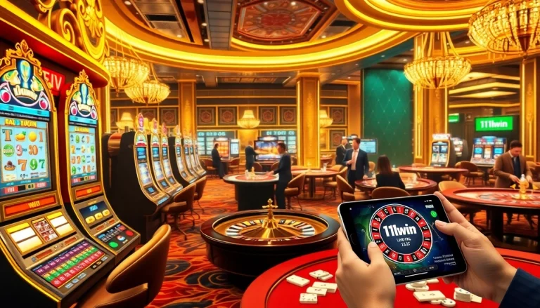 Engaged players winning at 11win casino with vibrant slot machines and roulette.