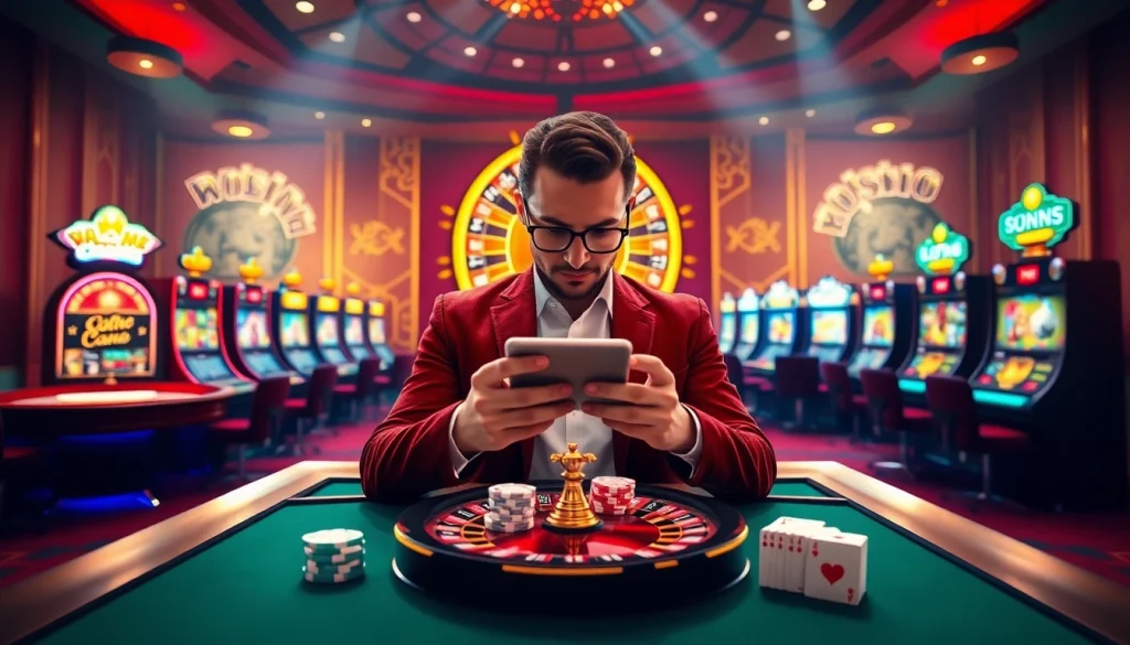 Engaging scene showcasing a player tải game uk88 on a mobile device amidst a vibrant casino atmosphere.