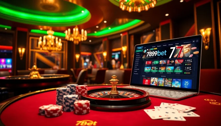 Engage with the world of 789bet in a vibrant casino setting filled with poker chips and a roulette wheel.