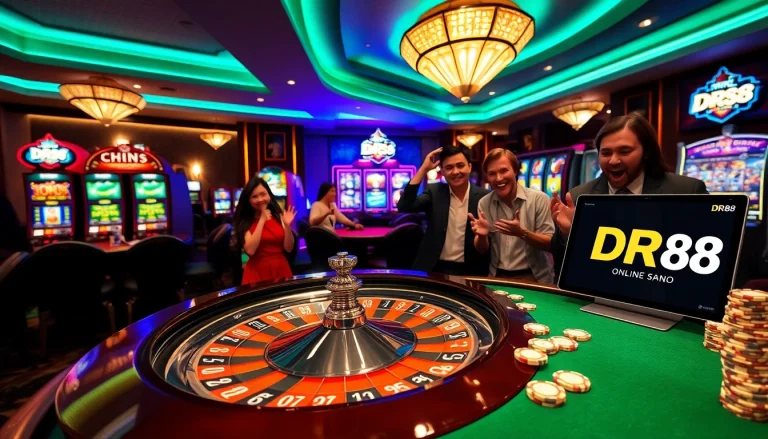 Engaging players at DR88 experience thrilling casino action with roulette, poker chips, and slot machines.