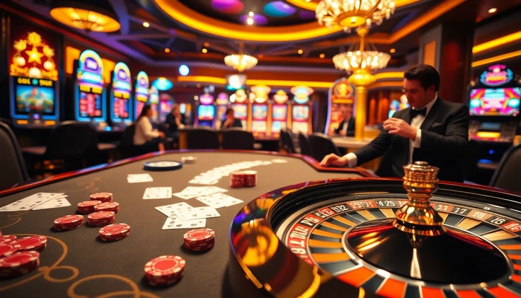 Gamblers enjoying a thrilling night at the 789win club poker table with vibrant casino elements.