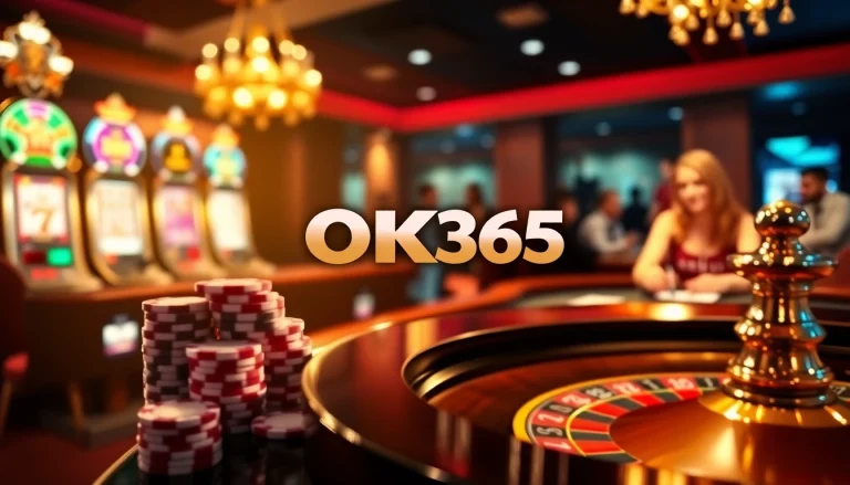 Exciting online gaming ambiance at OK365 with poker chips and roulette wheel.